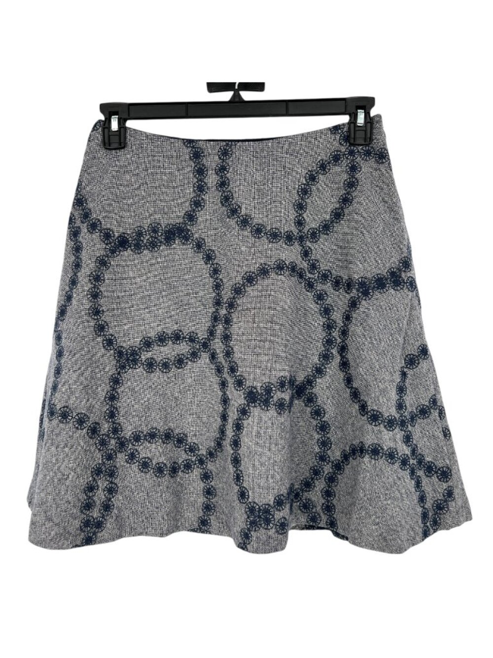 Boden A-Line Circle Embroidery Skirt Blue Gray Wool Blend Twee Mod Retro Size 6